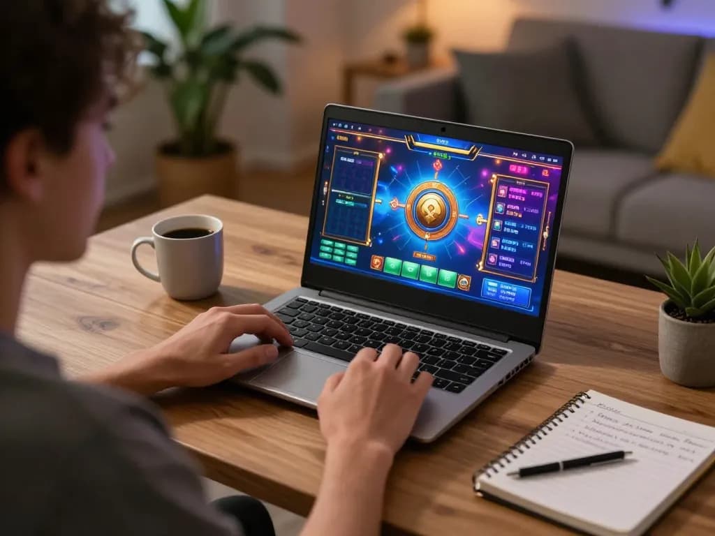 Pemain yang terlibat dalam permainan slot online yang menyenangkan dengan Bintangmpo di pengaturan rumah yang nyaman.