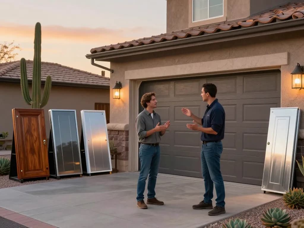 Expert garage door replacement Phoenix AZ consultation with homeowner and technician in a warm, inviting setting.