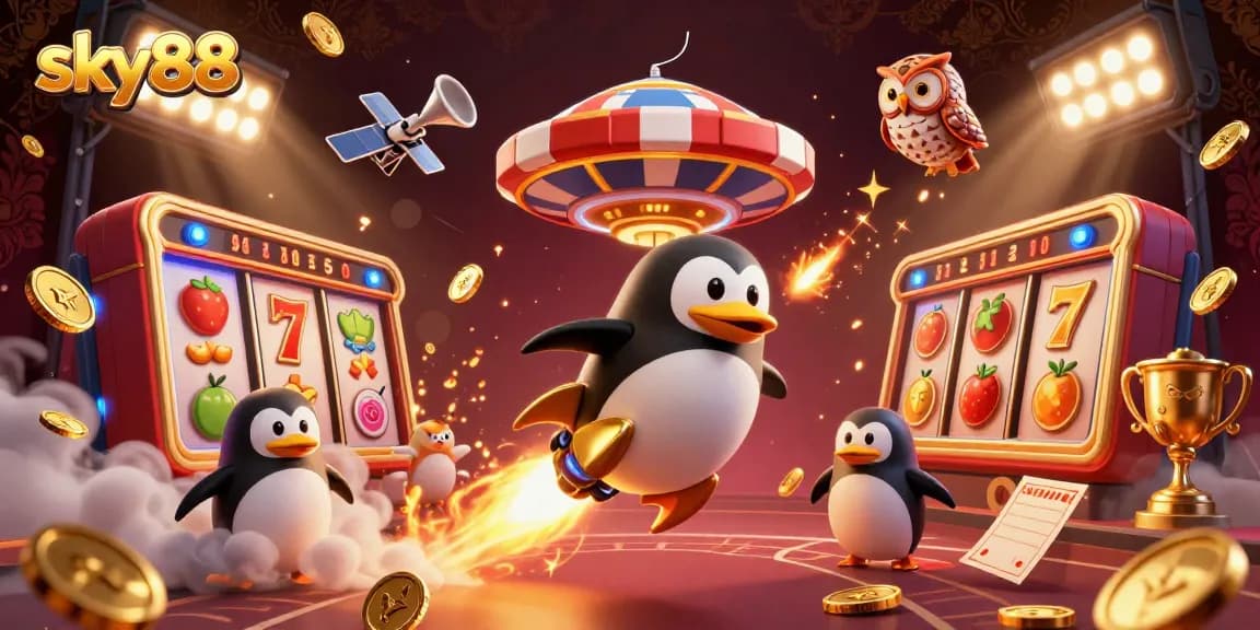 Play thrilling slot games at sky88 with a golden penguin towards a casino chip in a cosmic backdrop.