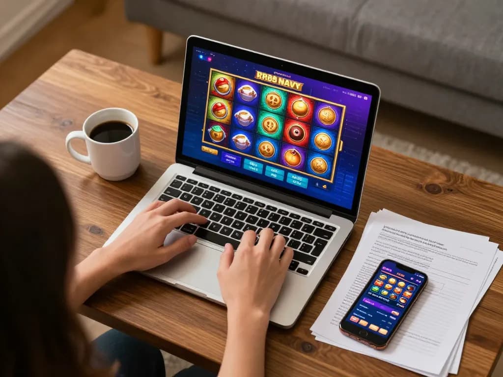 Engaging in online gaming with RR88 NAVY, showcasing a colorful slot game interface and cozy setup.