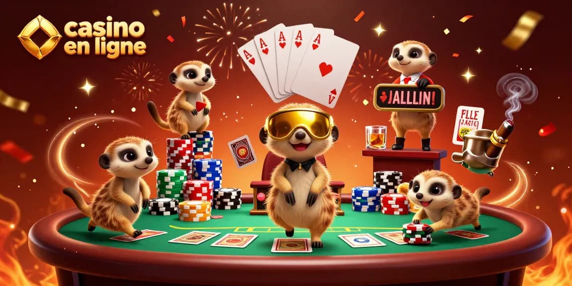 Jouez au casino en ligne avec des suricates animant une salle de poker palpitante.