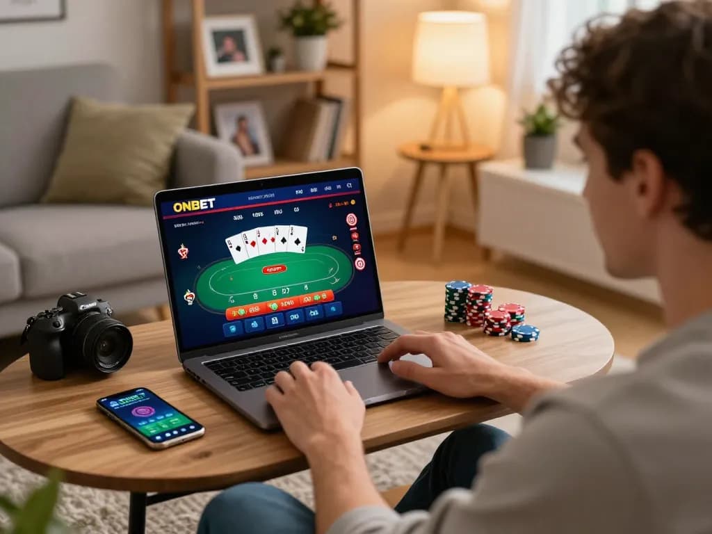 Engage in exciting gaming with ONBET's casino platform on a cozy home setup.