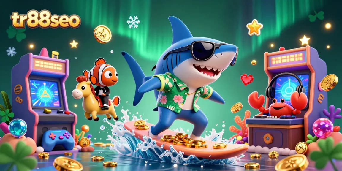 Experience winning at TR88SEO with a shark, clownfish, and DJ crab in a vibrant casino scene.