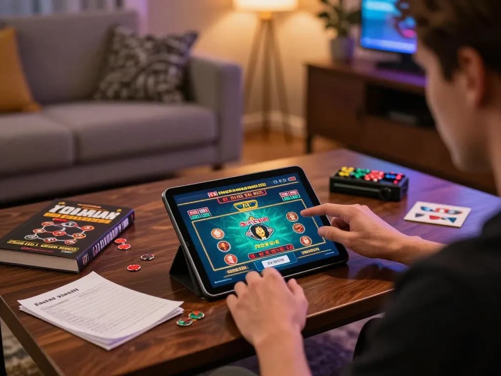 Engaging player enjoying u888 com online casino games on tablet, surrounded by strategies and cozy ambiance.