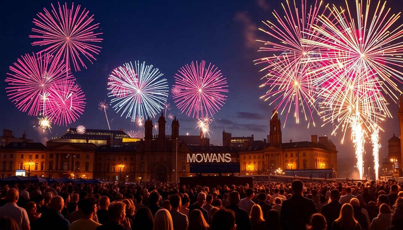 Celebrate manchester fireworks show lighting up the night with vibrant colors and enthusiastic crowds.