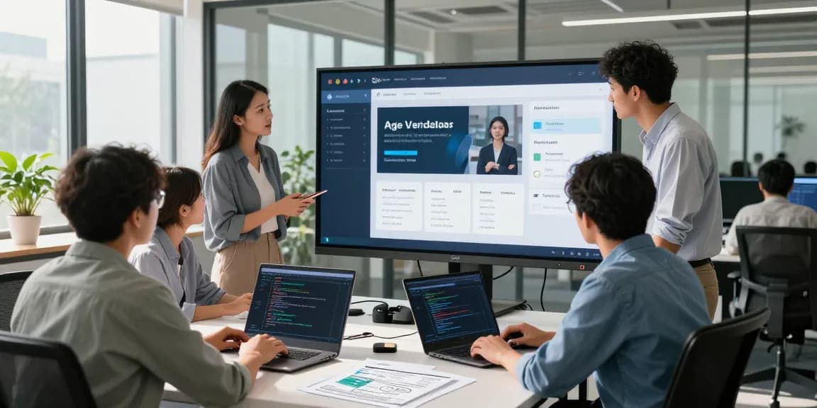 Collaborative team working on an age verification system, showcasing a digital dashboard and integration methods in a modern office.