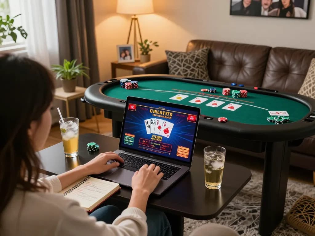 Player engaging with poker on BK888 online casino platform at home.