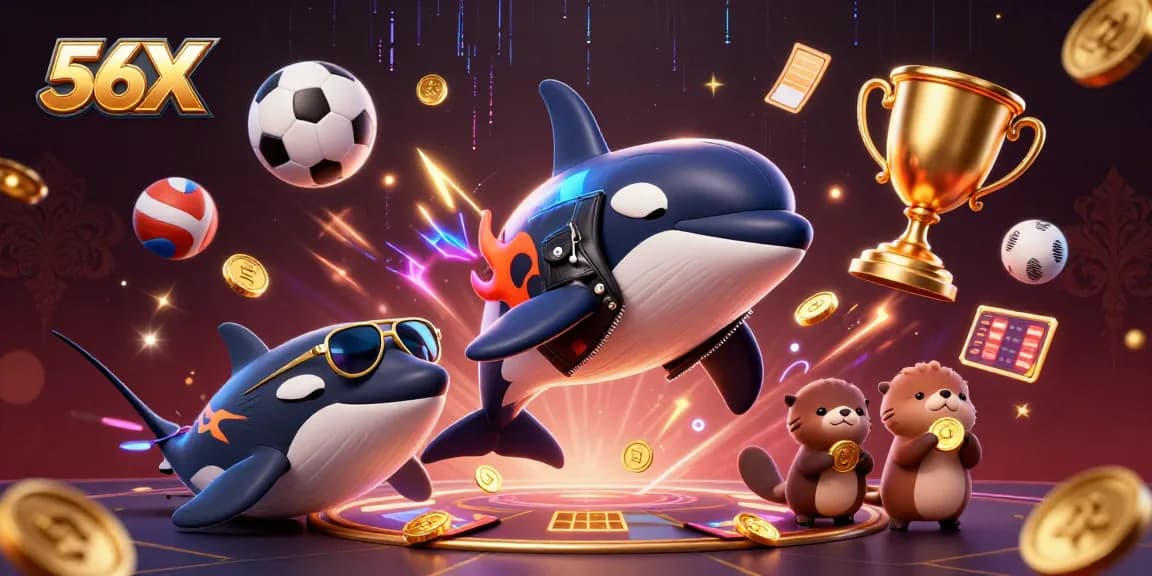 Place bets with 56X, featuring vibrant characters winning golden coins in an exciting scene.