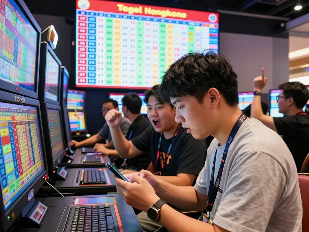 Togel Hongkong live draw event with excited bettor watching results on smartphone in vibrant atmosphere.