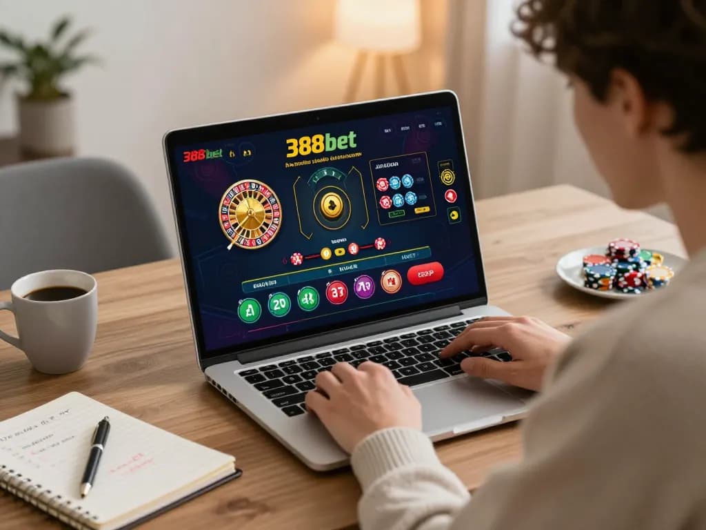Engaging with 388bet platform while playing roulette online, gambler focused on game interface.