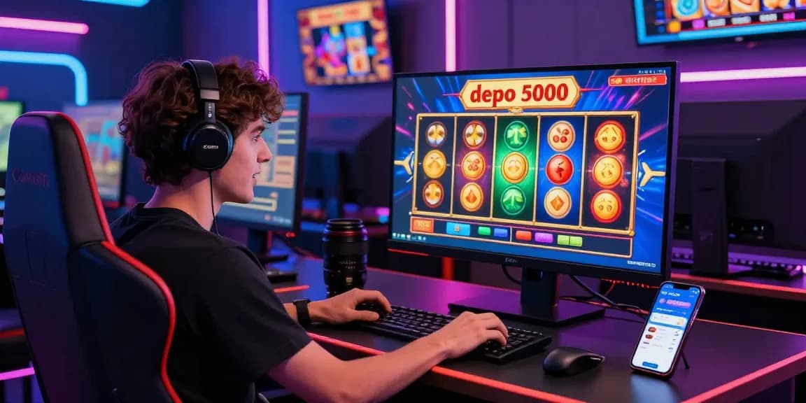 The user engaging in slot depo 5000 games in a modern gaming setup, showcasing excitement and vibrant graphics.