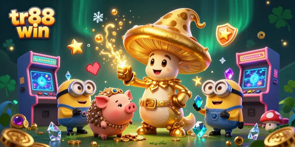 Engage with tr88 win as the golden mushroom wizard creates magic amidst vibrant gaming elements.