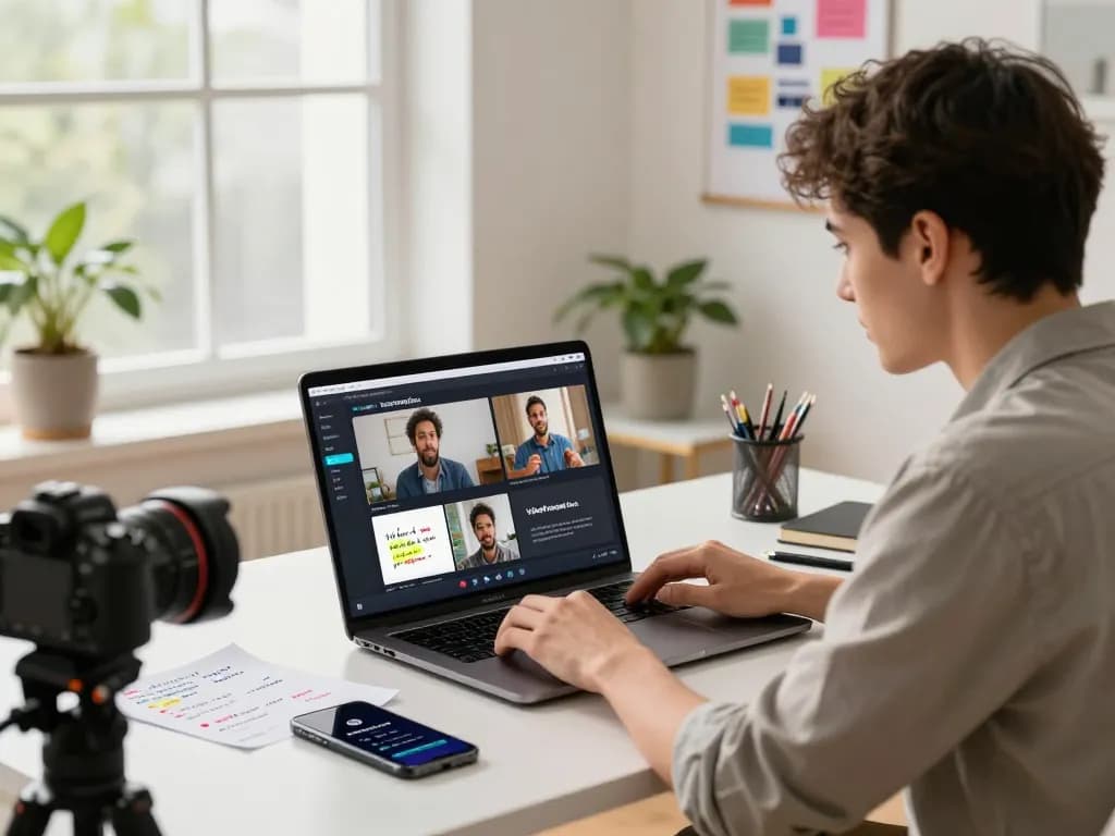 Focused user creating video to prompt AI instructions in modern workspace.