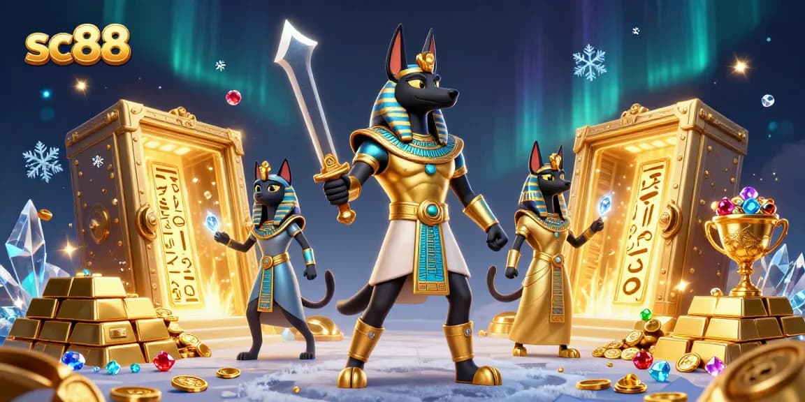 sc88 casino scene featuring Anubis and Bastet amidst treasure and jewels