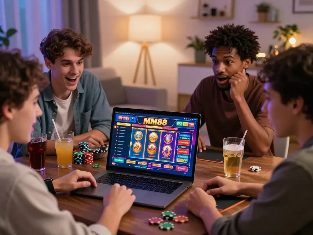 Friends enjoying MM88 online betting at home with gaming laptop, drinks, and vibrant decor.