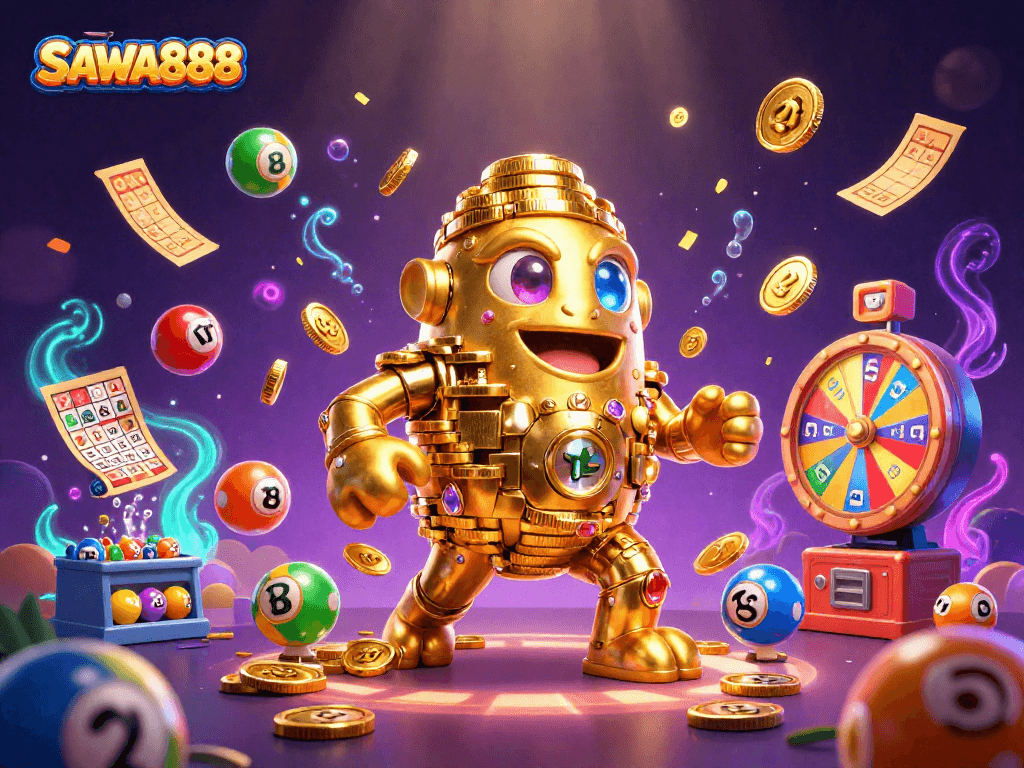 Experience the dynamic excitement of SAWA888 with vibrant lottery balls, a golden golem, and gaming action.