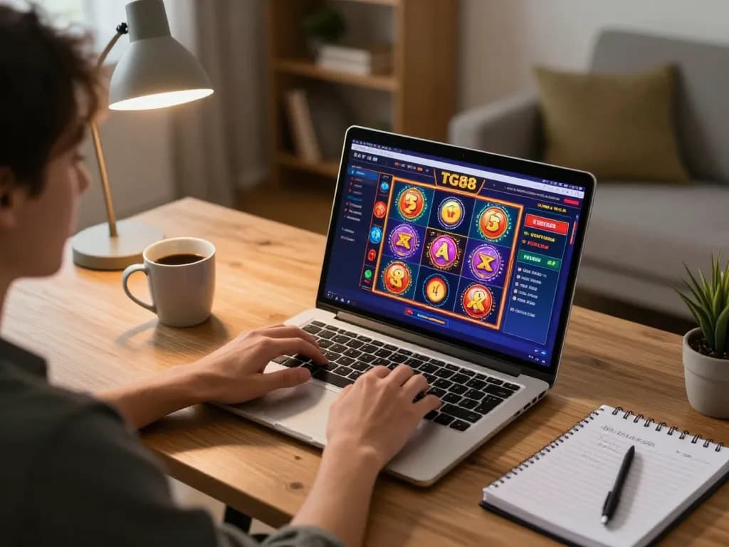 TG88 player engaging in online gaming from home, showcasing vibrant casino graphics and a strategic mindset.