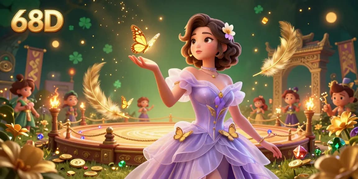 Experience thrilling games at 68D with vibrant visuals, golden tokens, and enchanting butterflies.