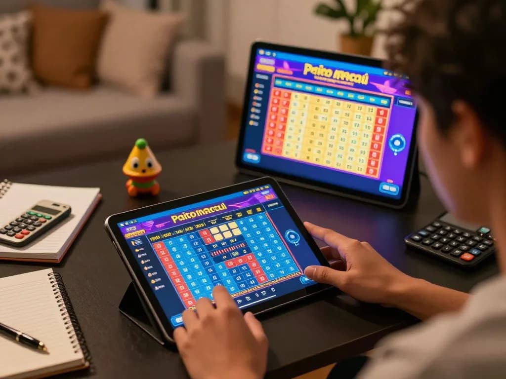 Paito macau betting interface displayed on tablet with real-time results, creating an engaging online gaming scene.