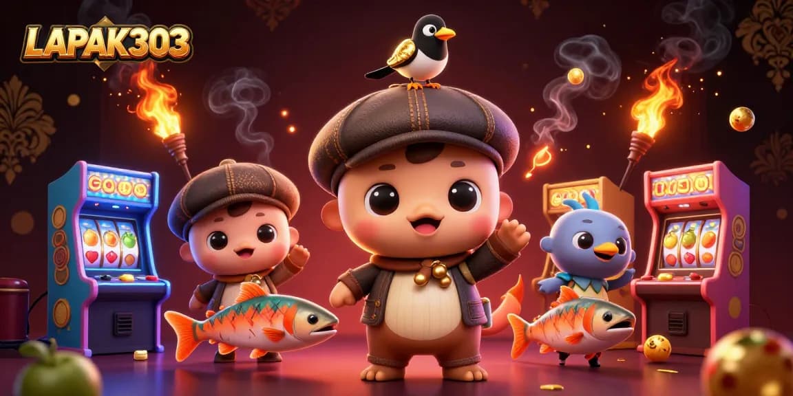 Play exciting games at LAPAK303, featuring colorful slot machines and playful character illustration.