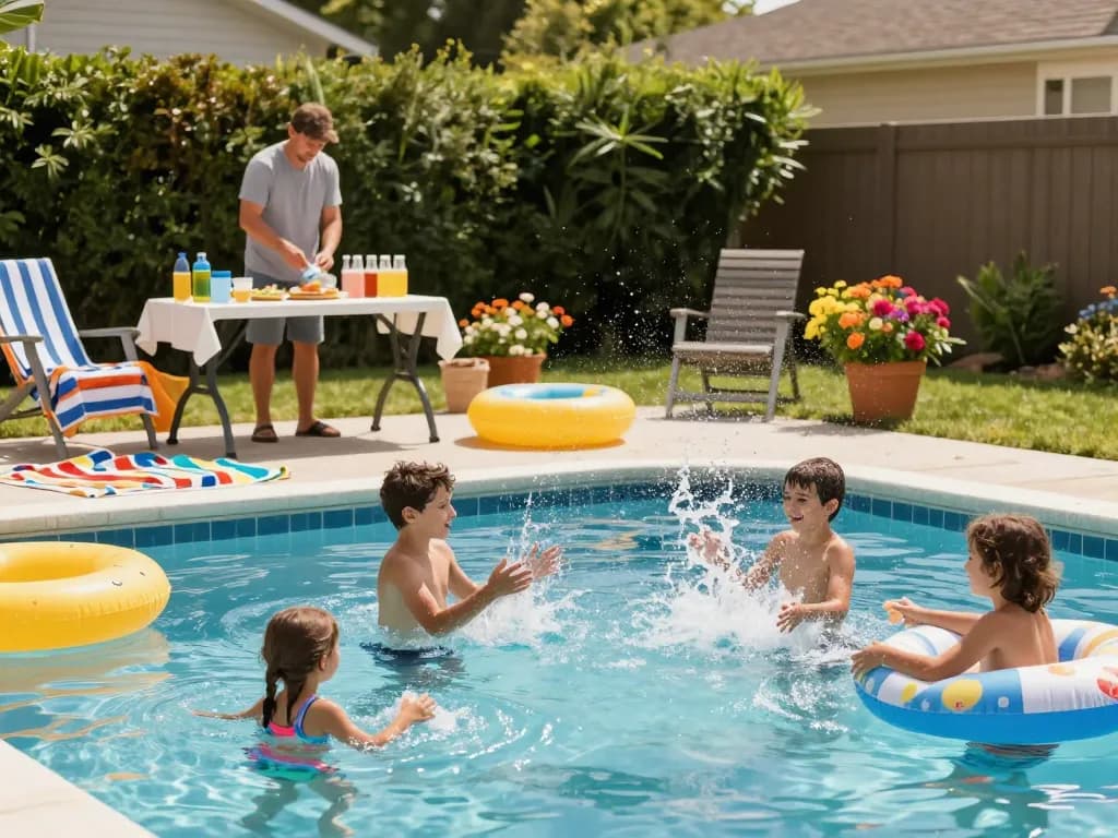 Dolphin Pool Services family enjoying pool party with splashes and refreshments in a sunny backyard