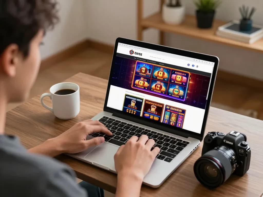 Seorang pemain yang terlibat menjelajahi opsi server thailand di laptop yang menampilkan permainan kasino yang berwarna-warni.