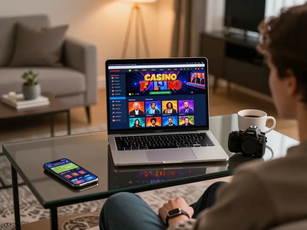 Person enjoying online gaming on fabet platform from stylish living room, capturing modern gambling experience.