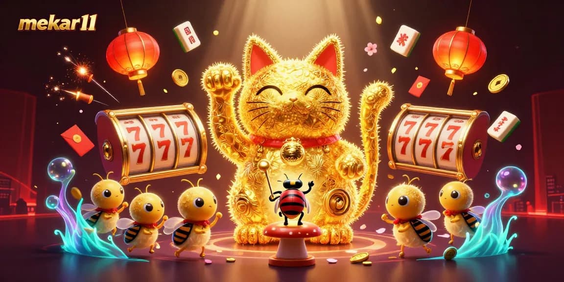 Mekar11 offers captivating gaming adventures with a dazzling lucky cat illustration amidst vibrant casino symbols.