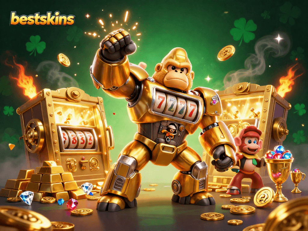 Bestskins features a dynamic golden gorilla mech in a casino-themed illustration bursting with riches.