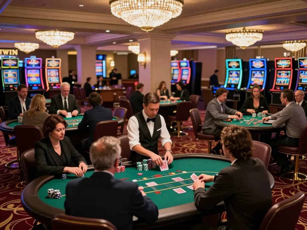 Players at IWIN poker tables engage in gameplay, with a dynamic casino atmosphere and elegant decor.