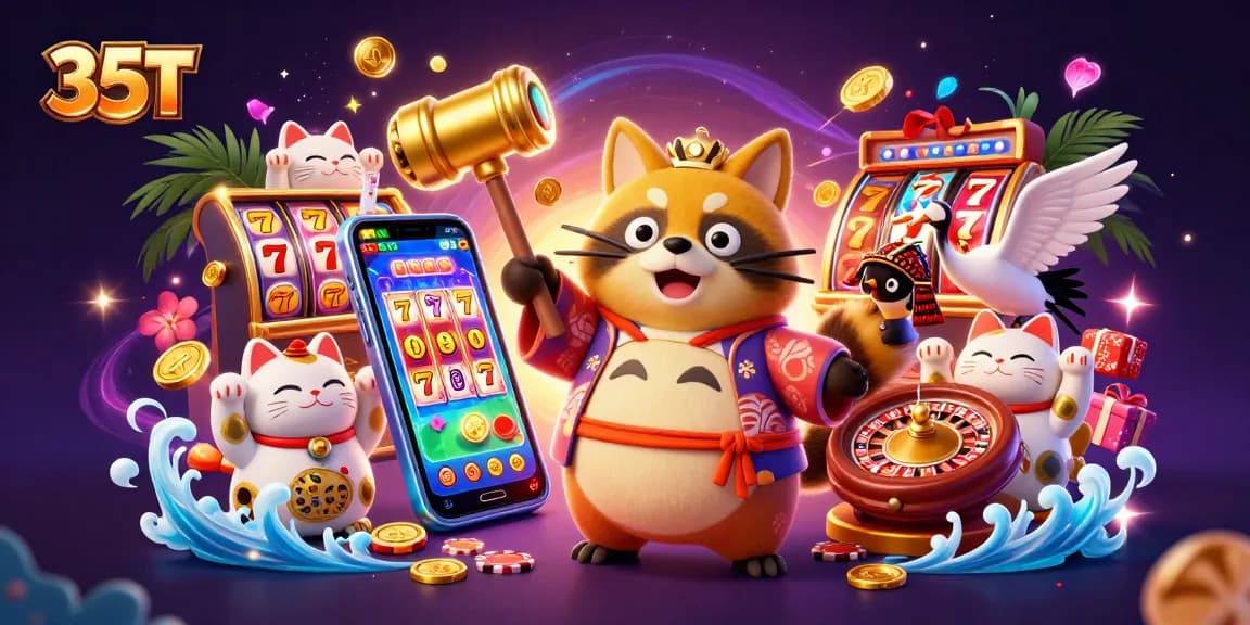 Experience the excitement of 35T with vibrant slots and fun characters in a dazzling casino scene.