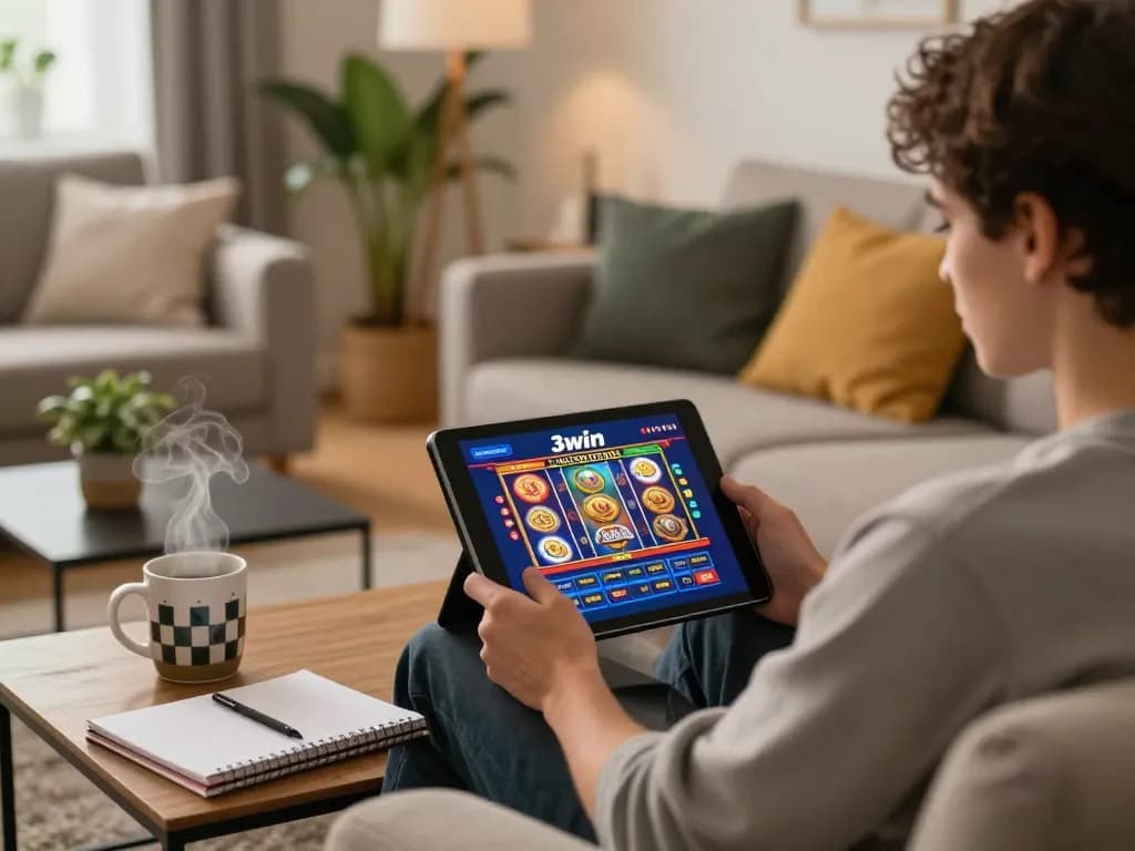 Engaging online gaming session on 3win com with vibrant slot games displayed on a tablet in a cozy setting.