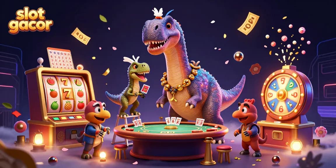 Spin and win with slot gacor: vibrant 3D casino scene featuring colorful slot reels and dynamic elements