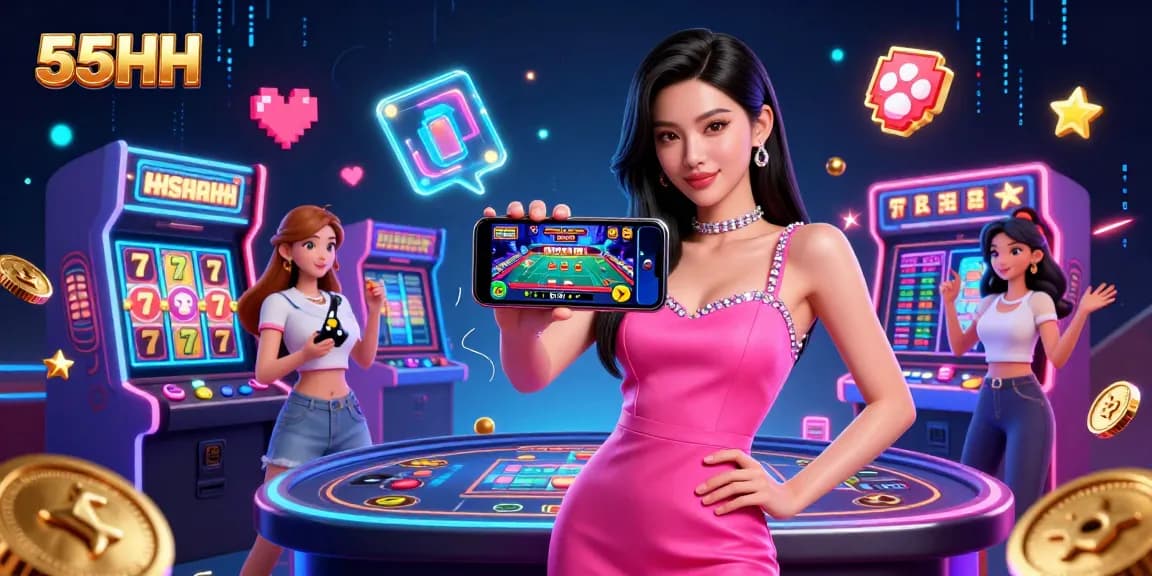 Engage with 55HH’s vibrant online gaming universe featuring a confident woman enjoying a live dealer game.
