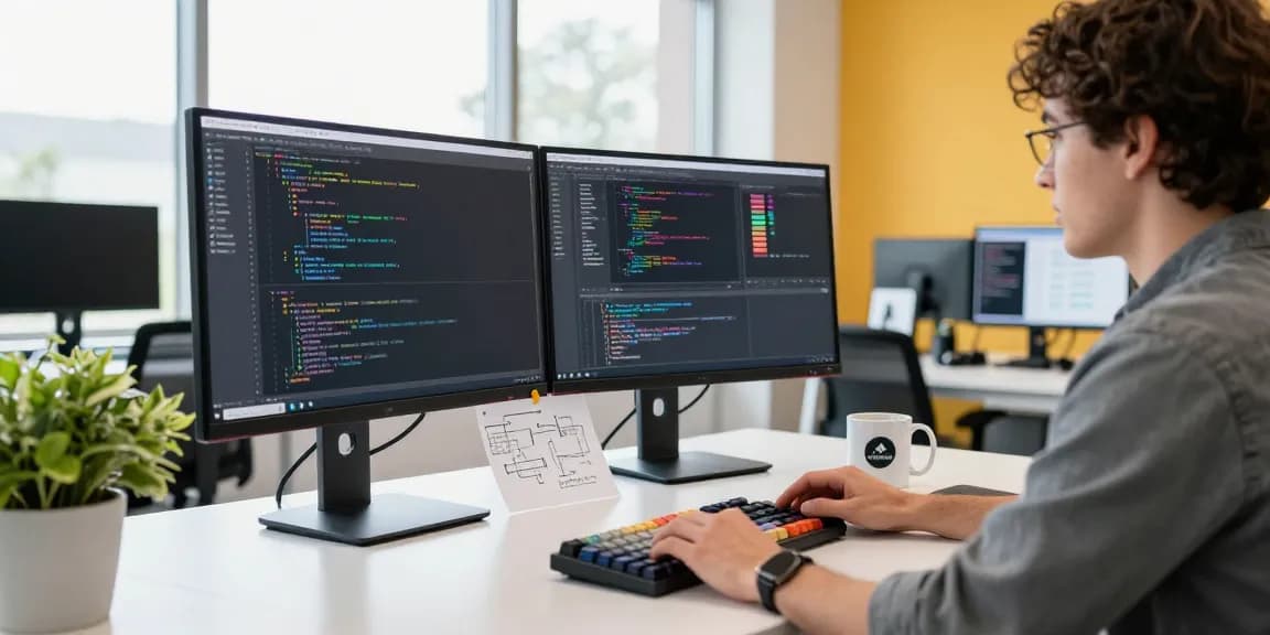 Custom Software Development Services in a modern workspace with code on screens and creative elements.