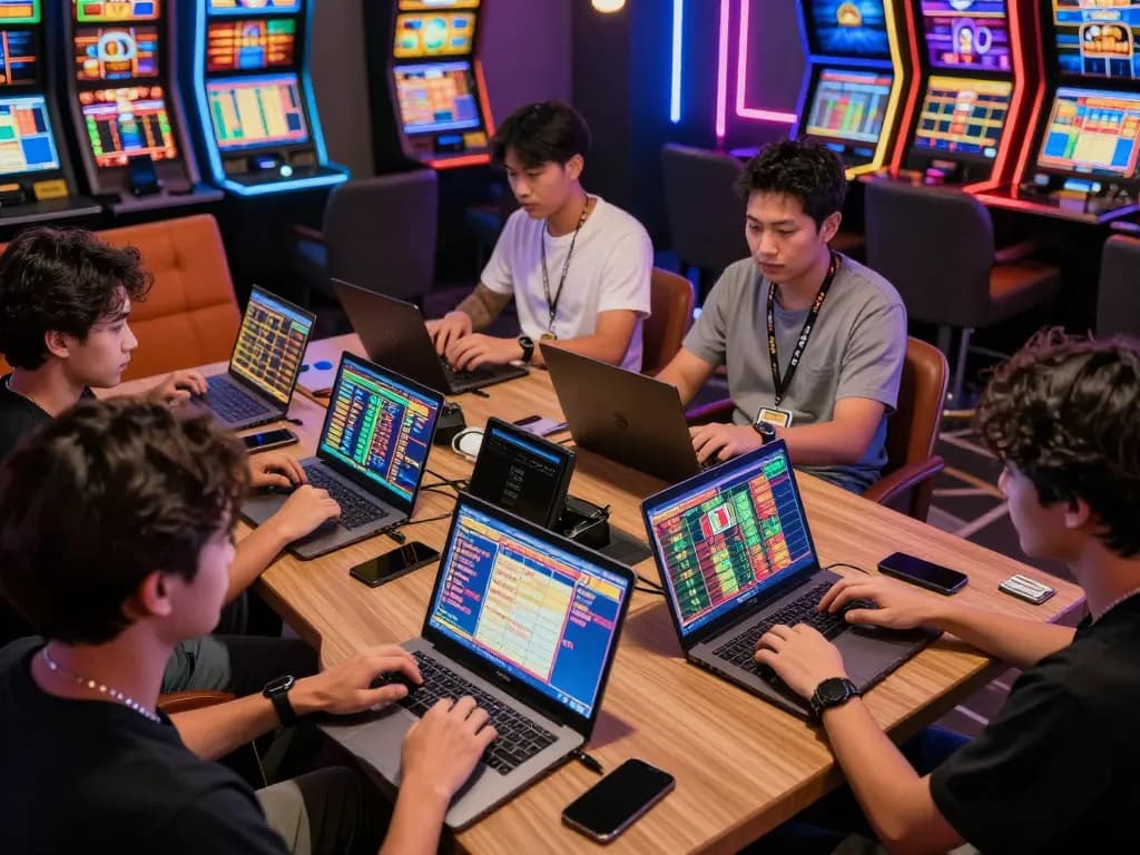 Togel Hongkong players intensely focused on live betting results in a vibrant online gaming lounge.