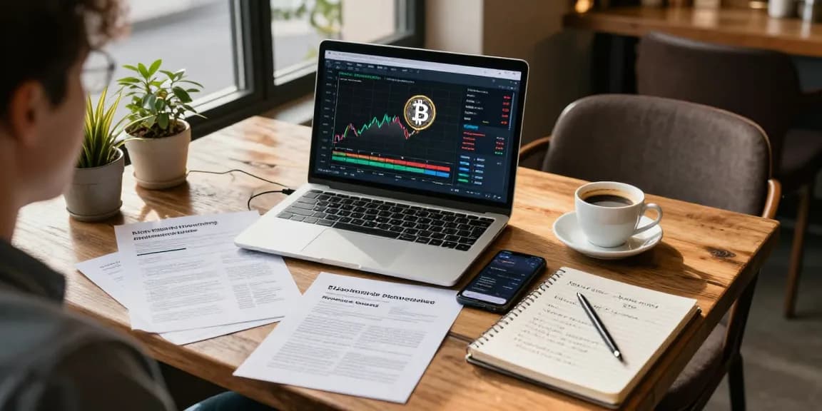 Sustainable bitcoin mining research in a cozy coffee shop with crypto charts and digital wallet.