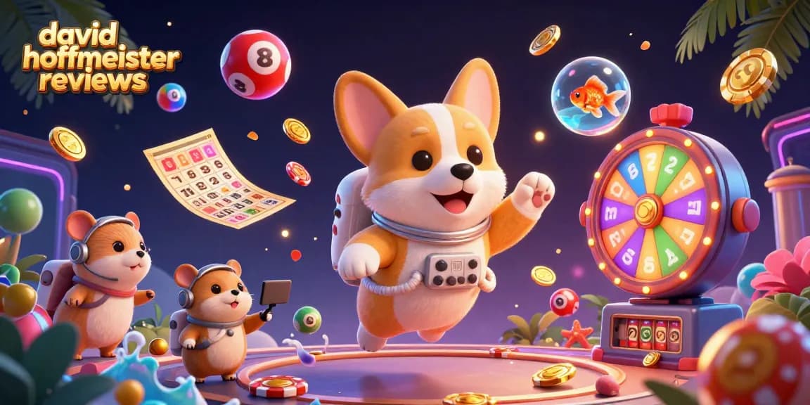 Experience dynamic casino fun with david hoffmeister reviews in a vibrant 3D scene featuring a corgi, hamster, and floating goldfish.