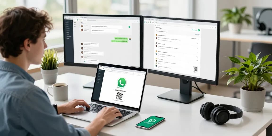 Efficient workspace showcasing WhatsApp網頁版 with dual monitors and laptop.