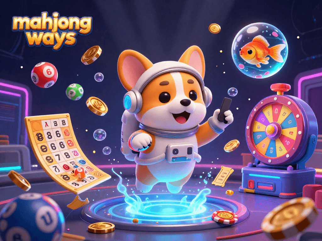 Experience mahjong ways in an ultra-detailed space casino with animated characters and vibrant lottery elements.