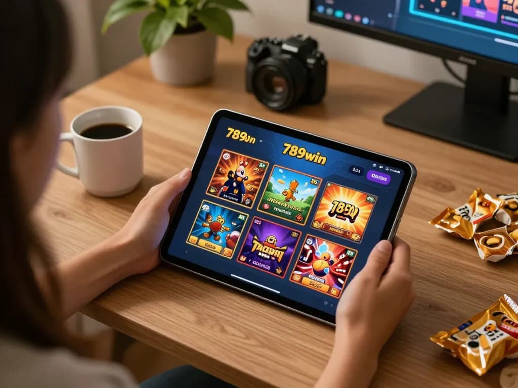 Engaging with app 789win on a tablet, enjoying online casino games in a cozy setting.