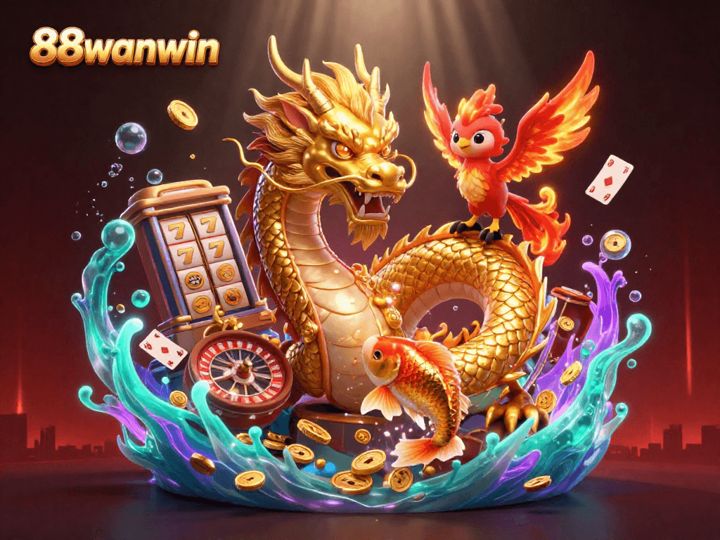 Experience the exciting world of 88wanwin with this vibrant 3D illustration showcasing slot reels and a golden dragon.