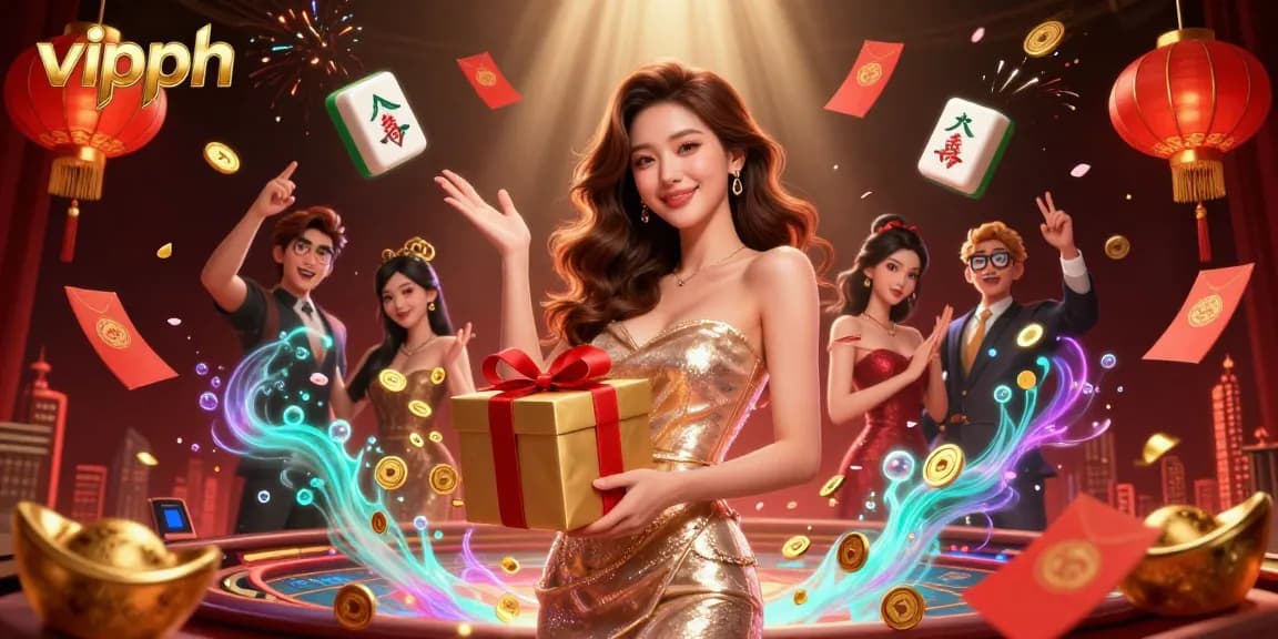 Experience excitement at vipph with a stunning festive casino scene featuring a welcoming Asian woman.