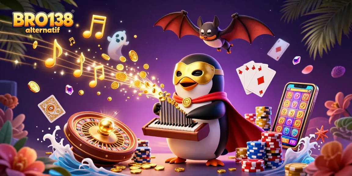 BRO138 alternatif showcases a vibrant scene filled with golden coins and slot machine reels, enticing gamblers with fun.