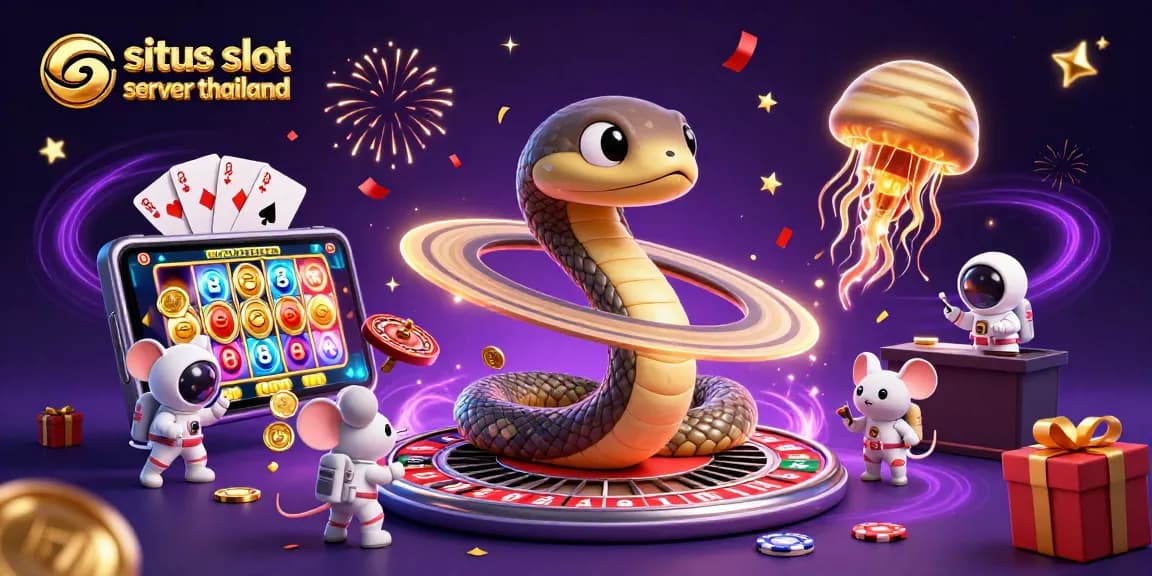 Situs slot server thailand showcases a vibrant casino scene with playful characters and dynamic gaming elements.