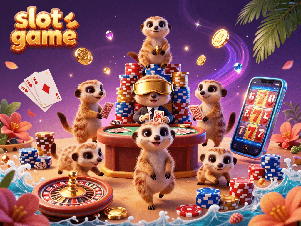 Experience the excitement of a slot game in this vibrant illustration featuring meerkats managing a lively casino.