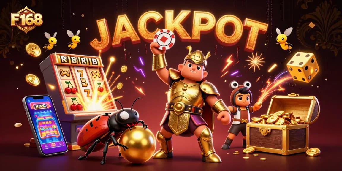 Experience the excitement at F168 with a vibrant 3D jackpot celebration featuring unique gambling elements.
