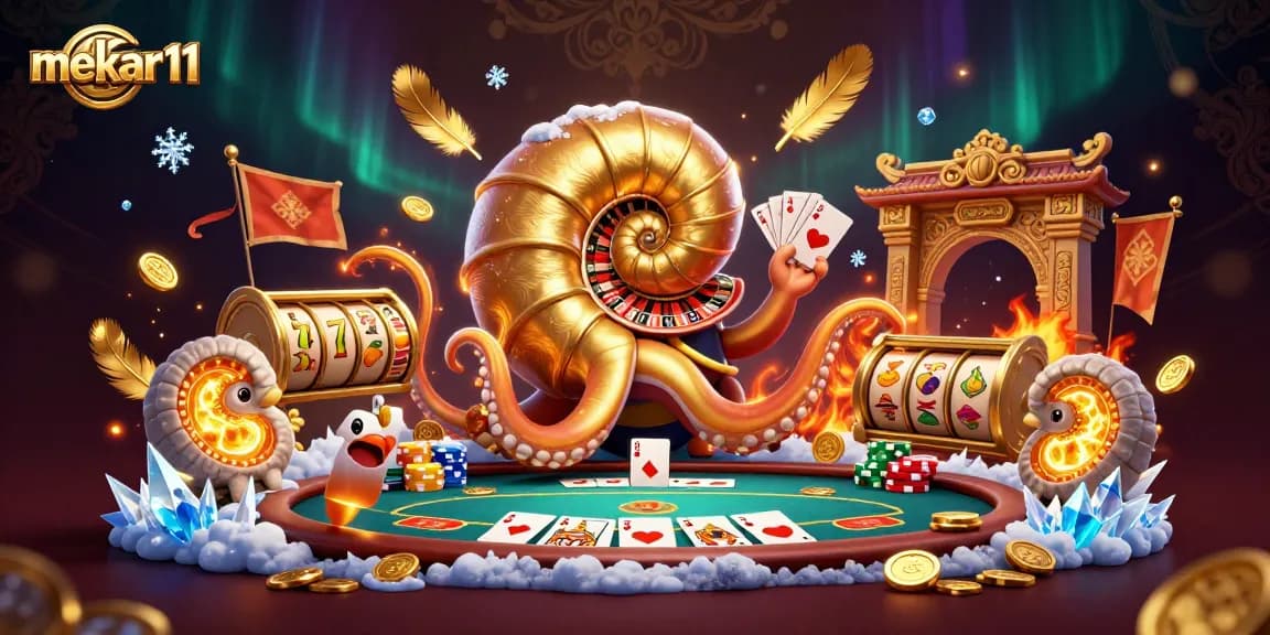 Mekar11 showcases a vibrant 3D casino scene with a giant nautilus roulette character and poker table action.