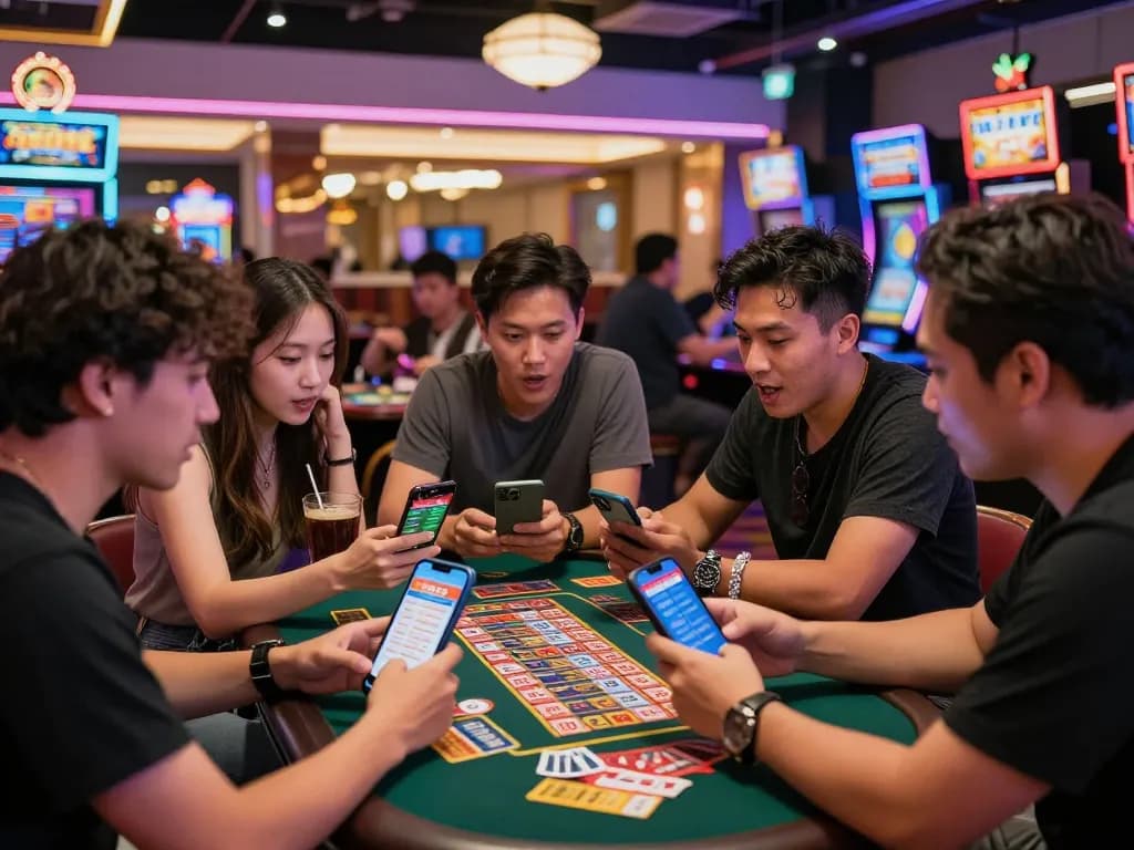 Togel Hongkong players eagerly discussing lottery numbers in a vibrant urban setting.
