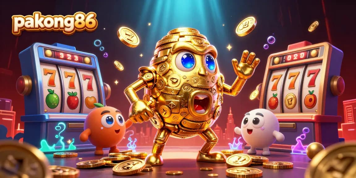 Pakong86 showcases a vibrant 3D casino scene featuring a golden golem and dynamic slot game elements.